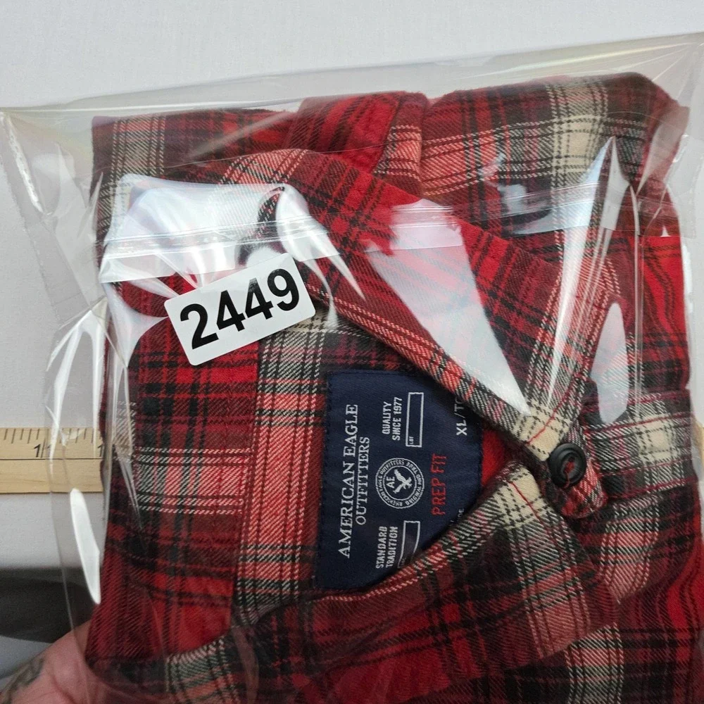 American Eagle Prep Fit Plaid Button Down Shirt Mens XL Red Flannel Cotton
